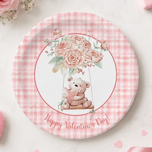 Niedlich rosa Karierter Valentinstag Pappteller