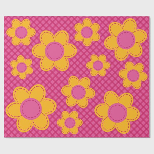 Niedlich rosa kariertes Muster Blume Federmädchen Geschenkpapier (Flach)