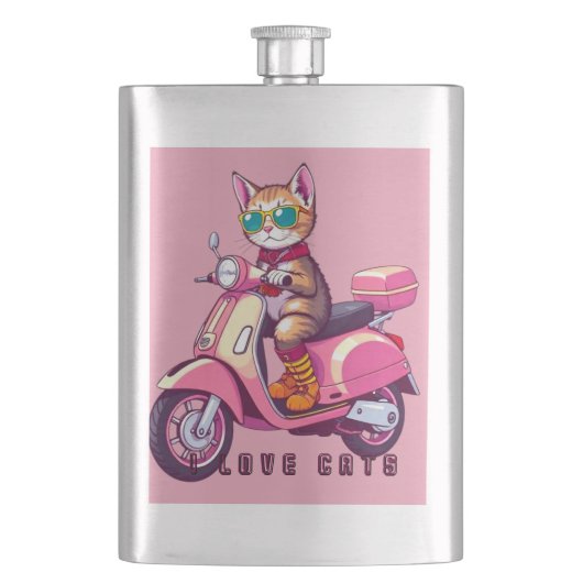Niedlich-rosa Katze mit Brille und Motorrad Flachmann (Vorderseite)