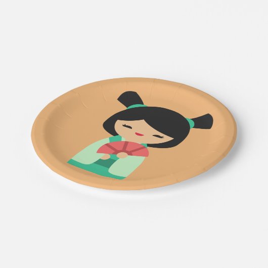 Niedlich rosa Kokeshi Japanische Puppen Pappteller (Schrägansicht)