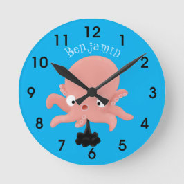 Niedlich-rosa-Kraken-Cartoon-Spaß Runde Wanduhr