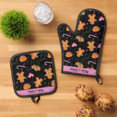 Niedlich rosa Lebkuchen und Pfefferminzbonbons Ofenhandschuh & Topflappen-Set (Oben Unten)