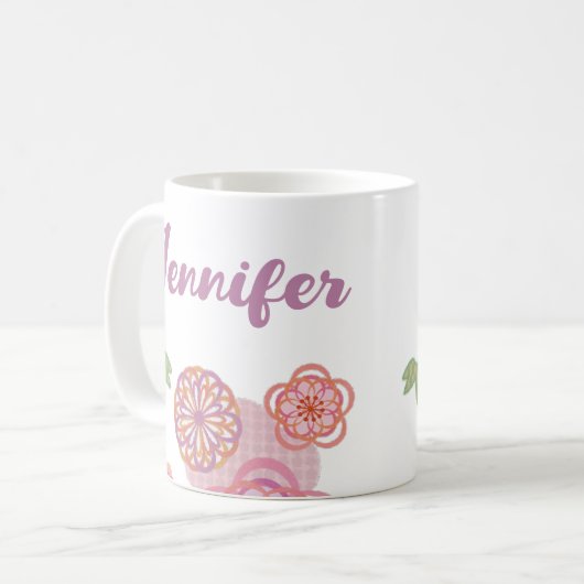 Niedlich rosa Lila Blume mit Skriptnamen Kaffeetasse (Vorderseite Links)