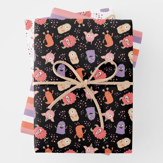 Niedlich rosa Lila Monster Mixed Halloween Pattern Geschenkpapier Set (Beispiel)