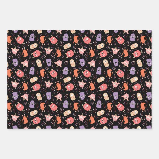 Niedlich rosa Lila Monster Mixed Halloween Pattern Geschenkpapier Set (Vorderseite)