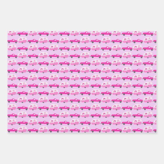 Niedlich rosa LKW und Anhänger RV Erlebnis Geschenkpapier Set (Vorderseite)