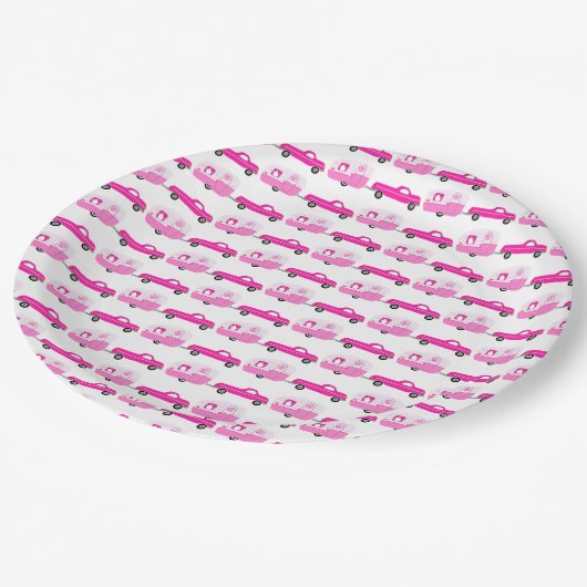 Niedlich rosa LKW und Anhänger RV Erlebnis Pappteller (Schrägansicht)