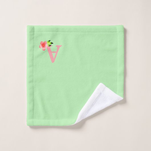 Niedlich-rosa Monogramm mit Blume auf Kalkgrün Badhandtuch Set (Waschlappen)