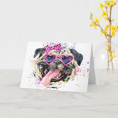 Niedlich rosa Mops Karte (Gelbe Blume)