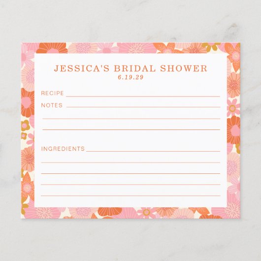 Niedlich rosa Orange Blume Brautparty Rezept Karte (Vorderseite)