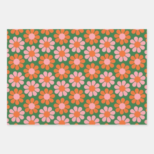 Niedlich rosa orange grüne Retro-Blume Geschenkpapier Set (Vorderseite 3)