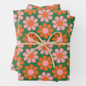 Niedlich rosa orange grüne Retro-Blume Geschenkpapier Set (Beispiel)