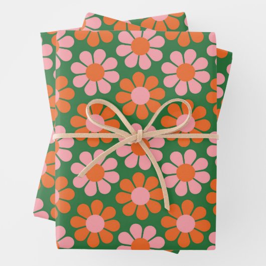 Niedlich rosa orange grüne Retro-Blume Geschenkpapier Set (Beispiel)