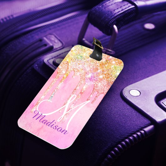 Niedlich Rosa Orange Unicorn Glitzer Tropfen Monog Gepäckanhänger