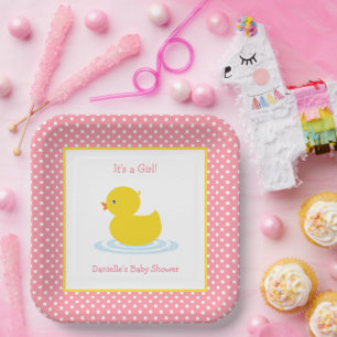 Niedlich rosa Polka Dot Duck Babydusche Papierplat Pappteller