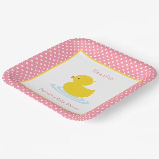 Niedlich rosa Polka Dot Duck Babydusche Papierplat Pappteller (Gewinkelt)
