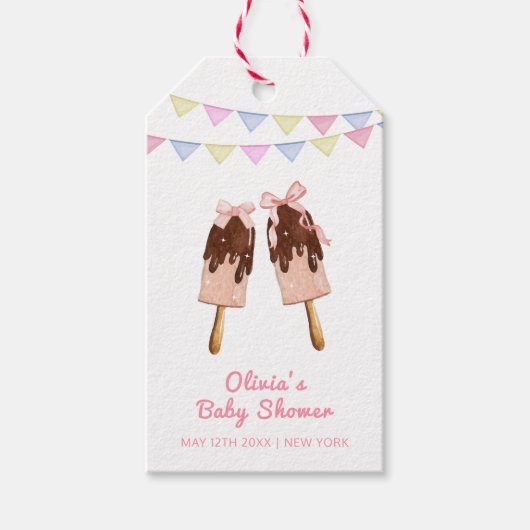 Niedlich-rosa Popcicle Bow Ice Cream Baby Dusche Geschenkanhänger (Vorderseite)
