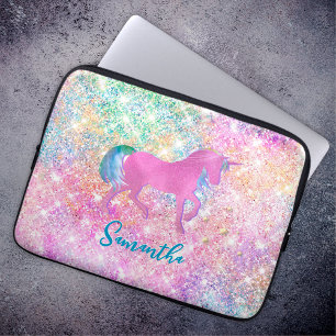 Niedlich Rosa Rainbow-Einhorn-Glitzer-Monogramm Laptopschutzhülle