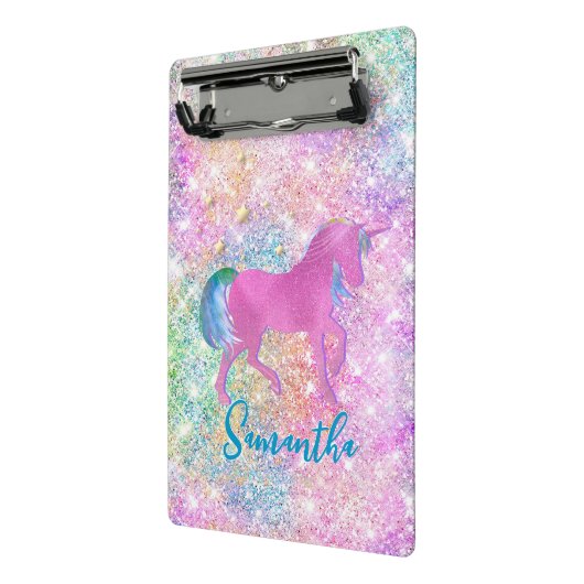 Niedlich Rosa Rainbow-Einhorn-Glitzer-Monogramm Mini Klemmbrett (Gewinkelt2)
