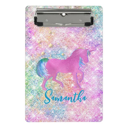 Niedlich Rosa Rainbow-Einhorn-Glitzer-Monogramm Mini Klemmbrett (Vorderseite)
