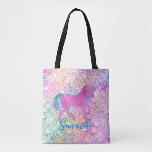 Niedlich Rosa Rainbow-Einhorn-Glitzer-Monogramm Tasche (Vorderseite)