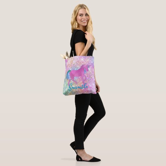 Niedlich Rosa Rainbow-Einhorn-Glitzer-Monogramm Tasche (Am Model)