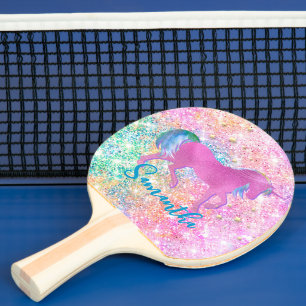Niedlich Rosa Rainbow-Einhorn-Glitzer-Monogramm Tischtennis Schläger