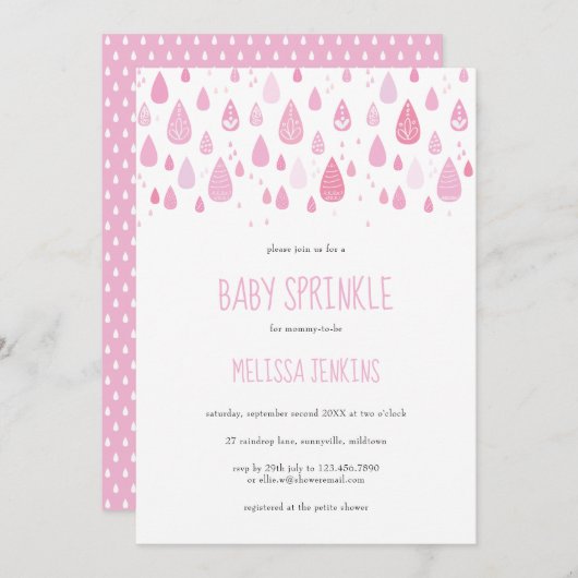 Niedlich rosa Raindrops Baby Sprinkle / Dusche Einladung (Vorne/Hinten)