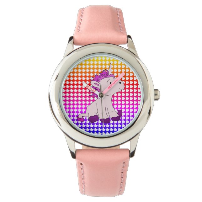 Niedlich rosa Regenbogen Little Unicorn Herzmuster Armbanduhr (Vorderseite)