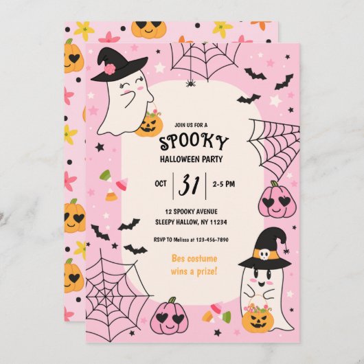 Niedlich rosa Retro-Halloween-Party Einladung (Vorne/Hinten)