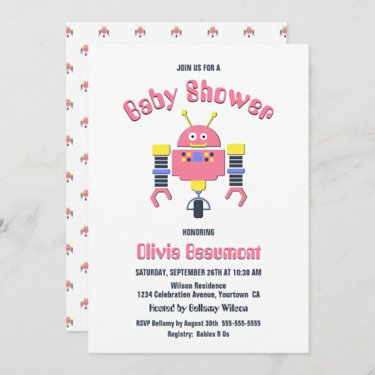 Niedlich-Rosa-Roboter-Kinderdusche Einladung (Vorne/Hinten)