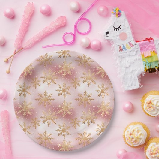 Niedlich Rosa Rose Gold Snowflake Festivals Muster Pappteller (Party)