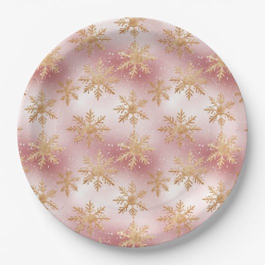 Niedlich Rosa Rose Gold Snowflake Festivals Muster Pappteller (Vorderseite)