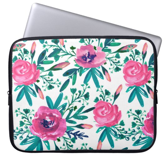 Niedlich rosa Rosen mit Buds und grünen Blättern Laptopschutzhülle (Vorderseite)