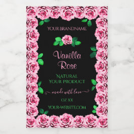 Niedlich rosa Rosenrahmen Elegante, schwarze Produ Lebensmitteletikett