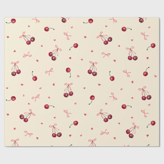 Niedlich rosa rote Kirschen Herz Bows Creme Geschenkpapier (Flach)