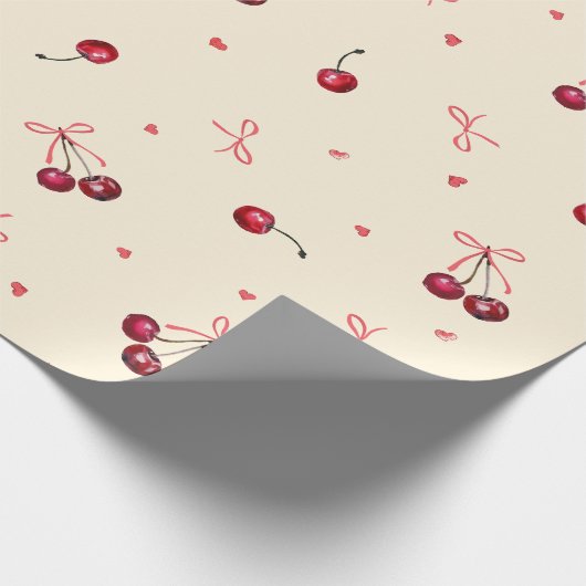 Niedlich rosa rote Kirschen Herz Bows Creme Geschenkpapier (Ecke)