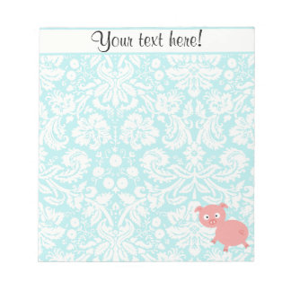 Niedlich rosa Schwein, Aquamarin Damask Notizblock