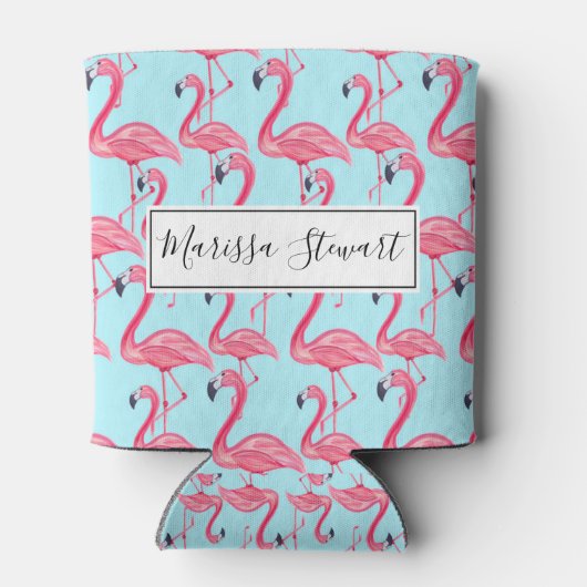 Niedlich rosa Sommer bemalt Flamingo Muster Blau Dosenkühler (Rückseite)