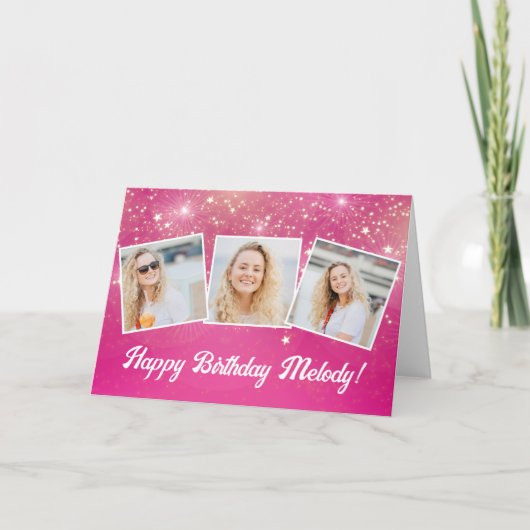 Niedlich rosa Sparkle Foto Collage Custom Geburtst Karte (Vorderseite)