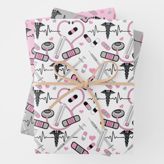 Niedlich-Rosa-Stethoskop| Doctor EKG Pattern Geschenkpapier Set (Beispiel)