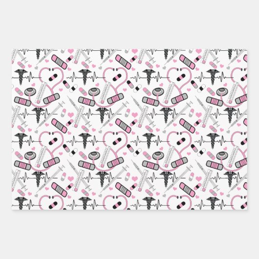 Niedlich-Rosa-Stethoskop| Doctor EKG Pattern Geschenkpapier Set (Vorderseite)
