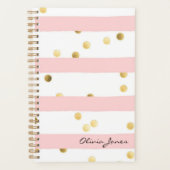 Niedlich rosa Streifen Gold Polka Punkte mit Namen Planer (Vorderseite)