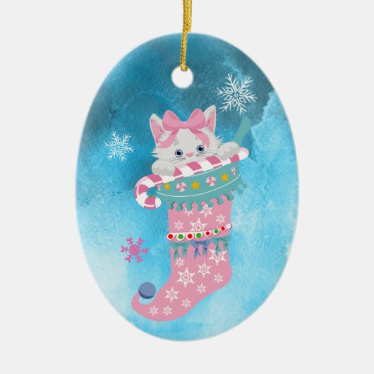 Niedlich rosa Strumpf Kitten mit Candy Cane Keramik Ornament (Vorne)