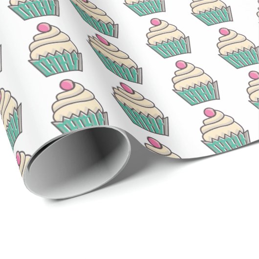 Niedlich rosa und grüner Cupcake mit Roter Kirsche Geschenkpapier (Rolleneckpunkt)