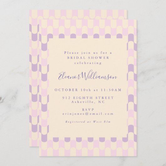 Niedlich rosa und Lila Groovy Retro Brautparty Einladung (Vorne/Hinten)