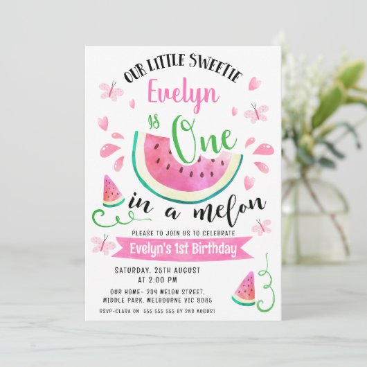 Niedlich rosa Wassermelone in einem Melon 1. Gebur Einladung (Stehend Vorderseite)