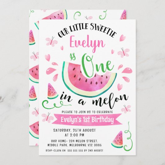 Niedlich rosa Wassermelone in einem Melon 1. Gebur Einladung (Vorne/Hinten)