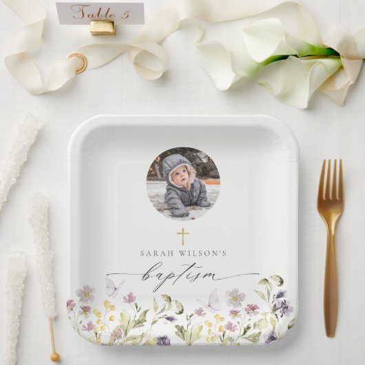 Niedlich-Rosa-Wiese-Schmetterling-Foto Taufe Pappteller (Hochzeit)