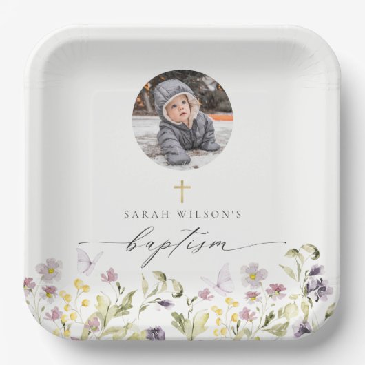 Niedlich-Rosa-Wiese-Schmetterling-Foto Taufe Pappteller (Vorderseite)